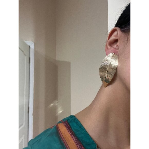 Big gold earrings gold leaf studs large huge boho gold earrings chunky statement - Picture 1 of 5